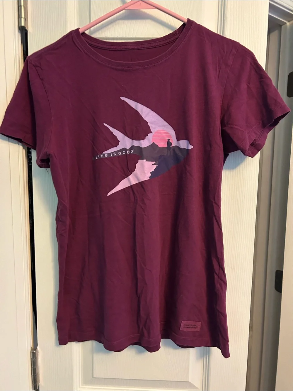 Life Is Good Women's Short Sleeve Tee in Burgundy with Pink Graphic
